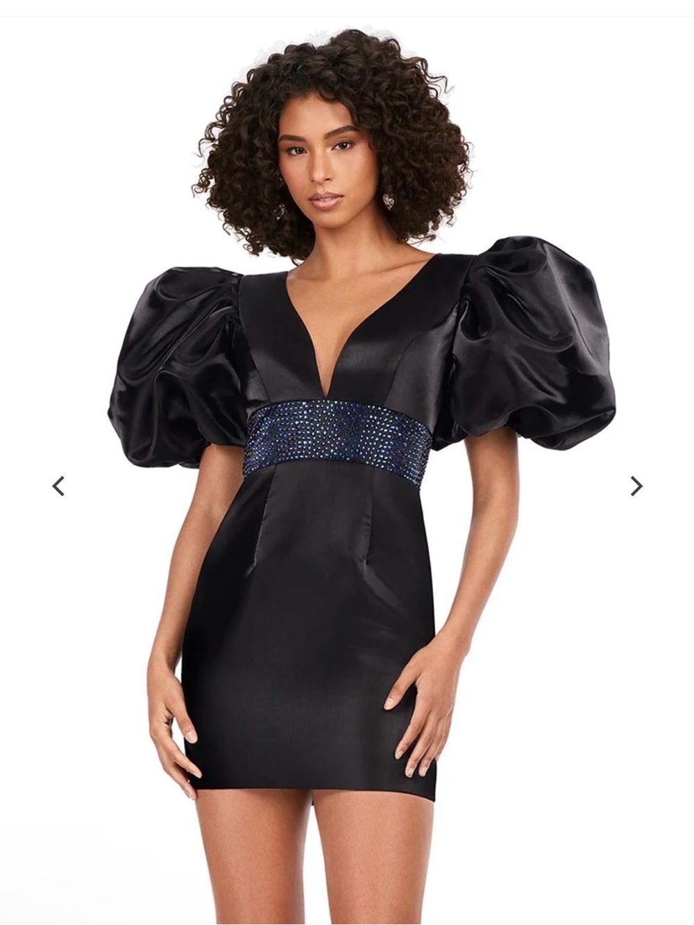Black Mini Dress with Dramatic Puff Sleeves and Jeweled Waistband